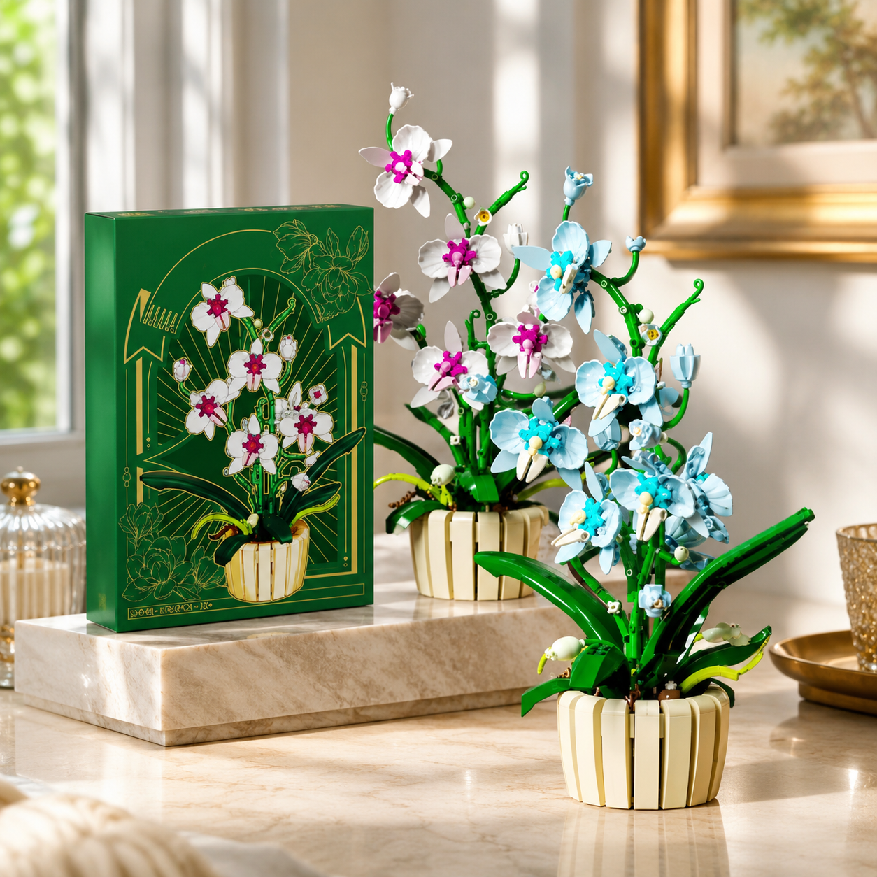 Built lavender orchid model from the Orchid Building Set with its box in the background